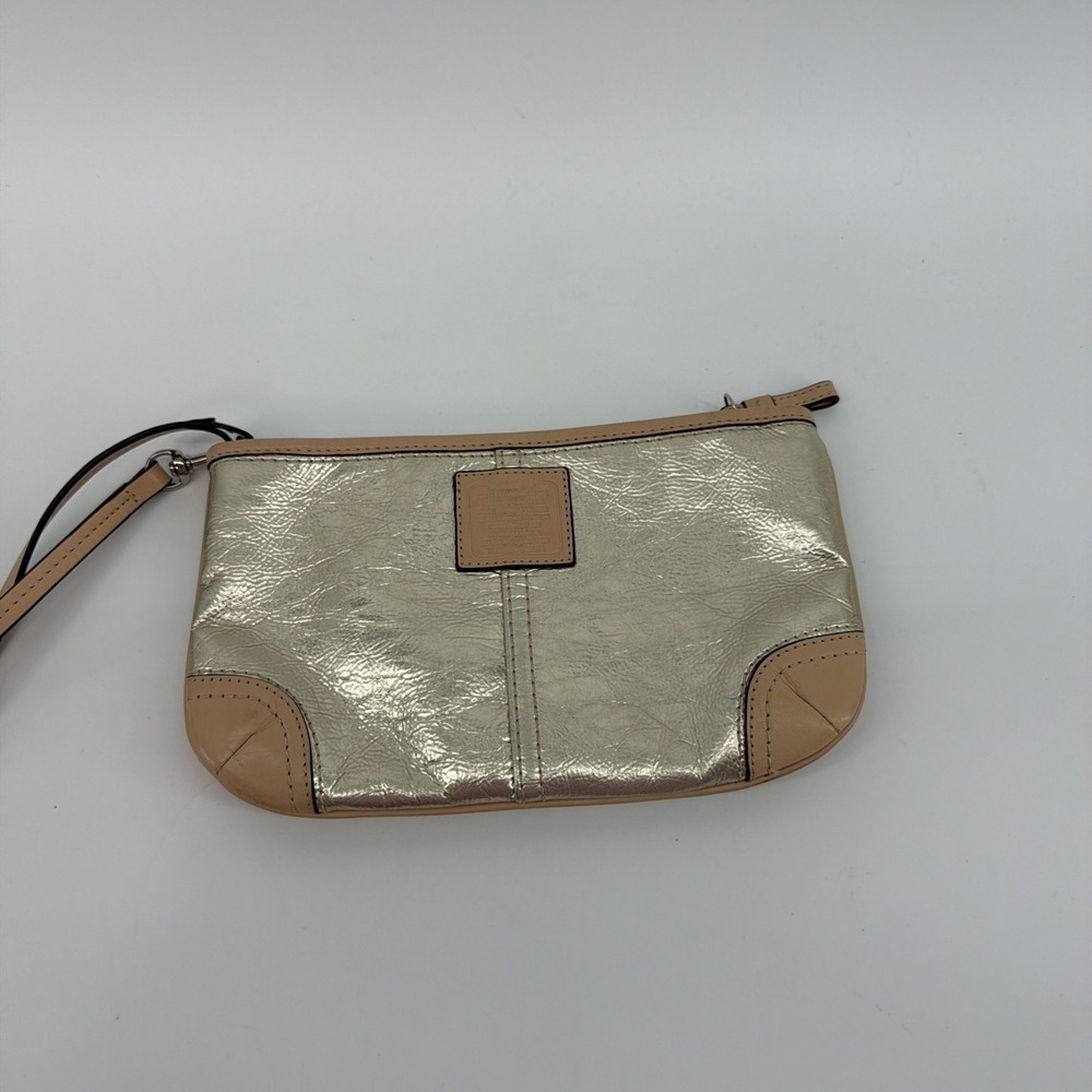 COACH Metallic Gold Leather W/Tan Trim Large Wristlet Pouch 9.5"x5.5"